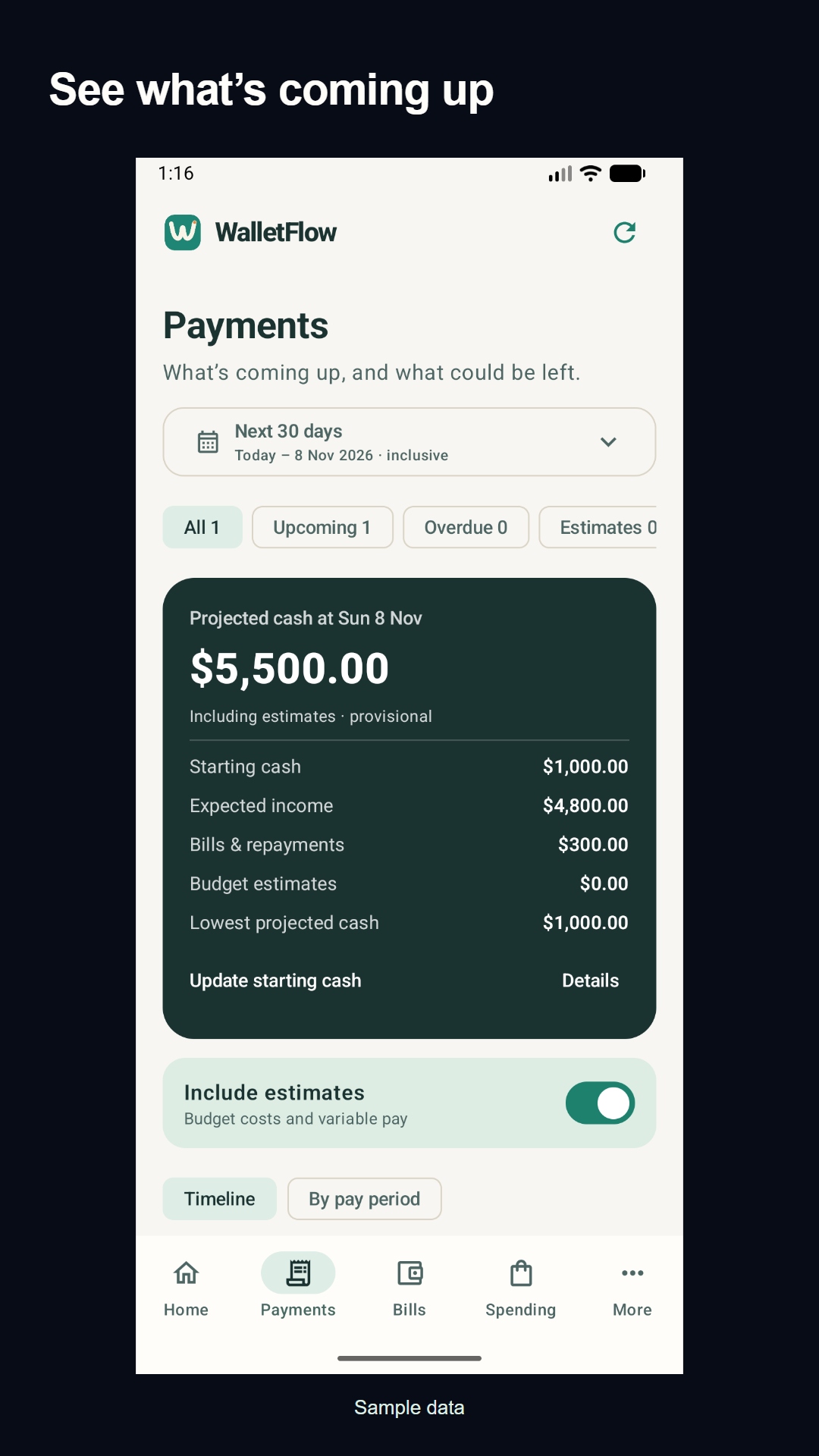 WalletFlow’s native Payments screen showing upcoming payment totals and projected cash, using sample data